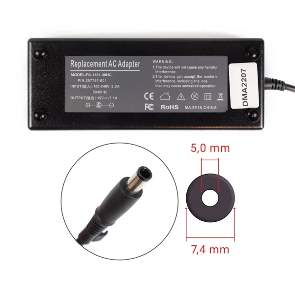 HP Compaq 135W 19V 7.1A str&oslash;mforsyning med 7.4mm x 5.0 mm, with central pin inside Pin in Tip - Kompatibel