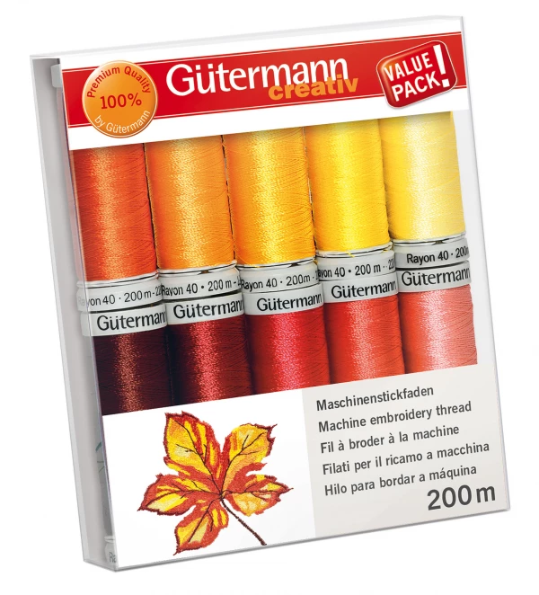 Gütermann broderitråd sæt i gule og rødlige farver - Bestil idag Gütermann broderitråd sæt i gule og rødlige farver