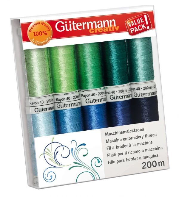 Gütermann broderitråd sæt i grønne og blå farver Gütermann broderitråd sæt i grønne og blå farver